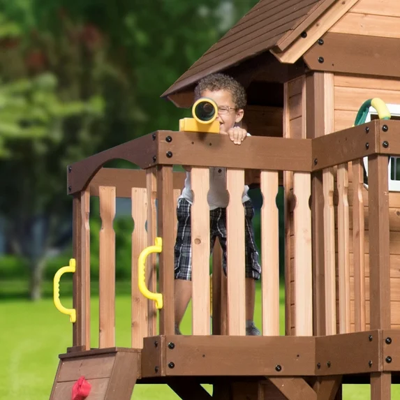 Backyard Discovery Mount Triumph Cedar Wood Swing Set, Wave Slide, Clubhouse, Rock Wall