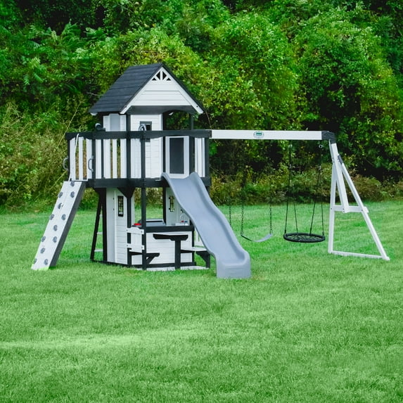 Backyard Discovery Canyon Creek White Cedar Wood Swing Set, Slide, Clubhouse, Rock Wall