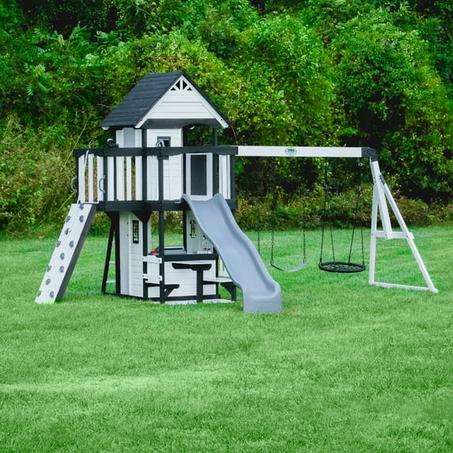 Backyard Discovery Canyon Creek White Cedar Wood Swing Set, Slide, Clubhouse, Rock Wall