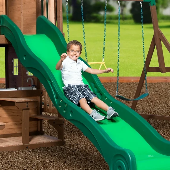 Backyard Discovery Mount Triumph Cedar Wood Swing Set, Wave Slide, Clubhouse, Rock Wall