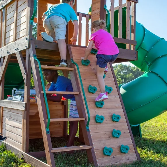 Backyard Discovery Cedar Cove Cedar Wood Swing Set, Slides, Clubhouse, Rock Wall, Grill