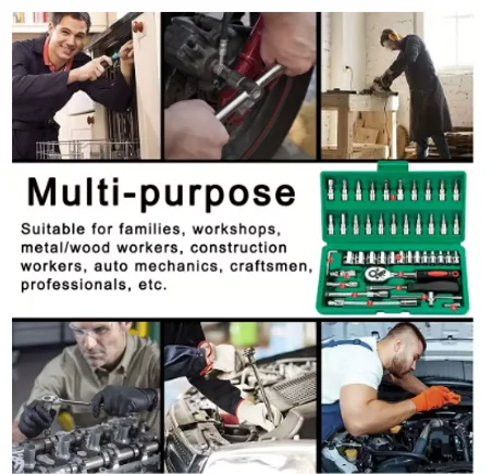 مجموعة مقابس محرك مكونة من 46 قطعة، مجموعة مفاتيح ربط بسقاطة مقاس 1/4 بوصة مع مقابس