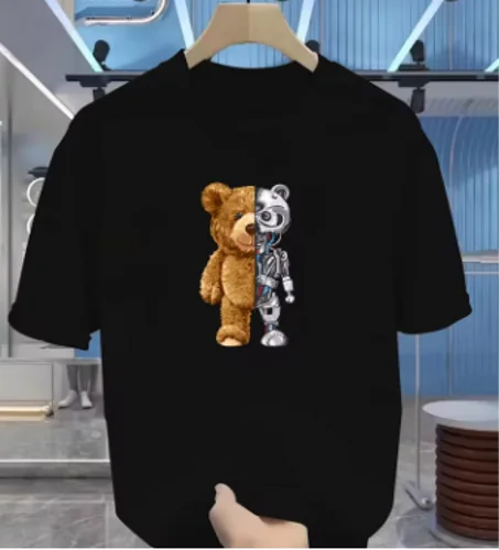 قميص رجالي صيفي بأكمام قصيرة من القطن 100% مطبوع عليه روبوت دب، ملابس صيفية قابلة للتنفس،