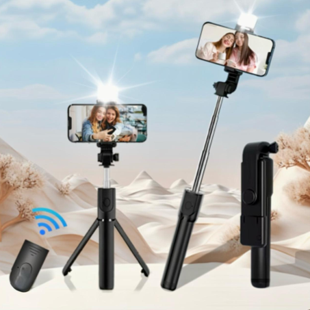 عصا سيلفي مع ترايبود مدمج  تحتوي على إضاءة LED و جهاز التحكم عن بعد بلوتوث – تمتد حتى 105 سم.