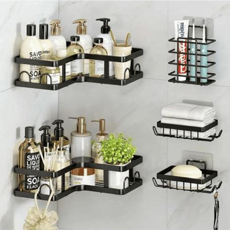 مجموعة رفوف حائطية للحمّام – 5 قطع للتنظيم بدون حفر | مقاومة للصدأ.