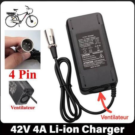 Chargeur Velo électrique Scooter 42V 4A, Connecteur XLR 4 Broches avec Ventilateur