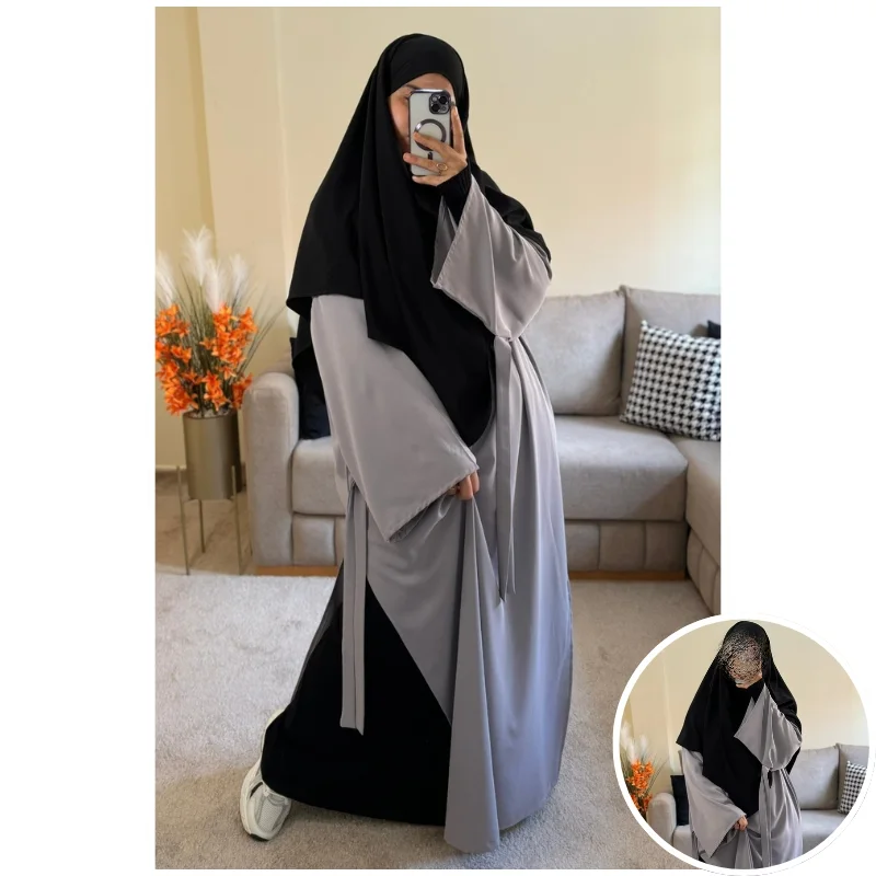 رمادي فاتح/تنورة حجاب أسود