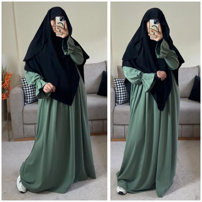 فستان أميرة زيتي غامق/حجاب مظلة أسود