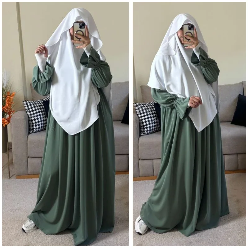 فستان أميرة زيتي غامق/حجاب مظلة أبيض