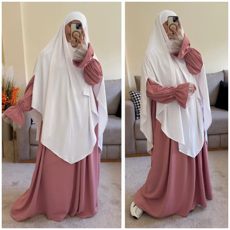 فستان أميرة زهري/حجاب فتحة يد أبيض