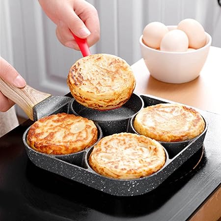 NC Poêle à omelette, 4 trous, multi-usage, poêle à crêpes, steak haché, œuf, poêle à crêpes, aluminium antiadhésif pour cuisinière à gaz et cuisinières à induction