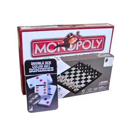 COFFRET JEUX DE SOCIÉTÉ - MONOPOLY - ÉCHECS - DOMINOS