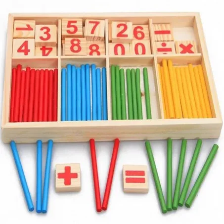 BÂTONS, CARTE NUMÉROTÉES ET SYMBOLES DE MATH EN BOIS MONTESSORI