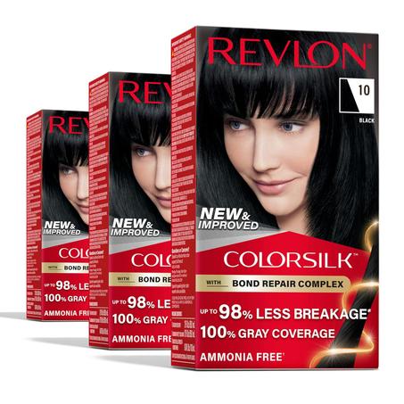 Revlon ColorSilk with Bond Repair Complex, color permanente para el cabello negro, cobertura 100 % de las canas, tinte para el cabello sin amoníaco, queratina vegana, 10 negros (paquete de 3)