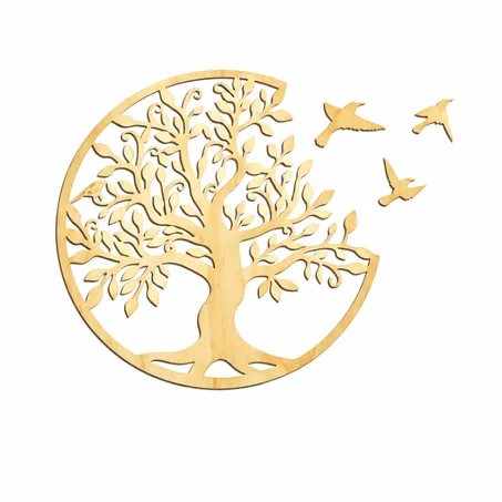 Décoration murale en bois avec arbre et oiseaux