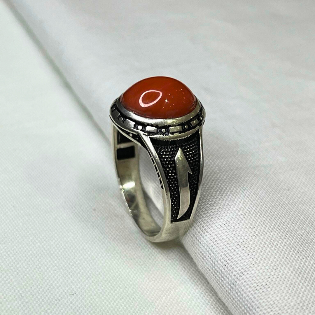 خاتم فضة للرجال مرصع بحجر المرجان الأحمر|Bague en argent sertie de pierre de corail rouge 3