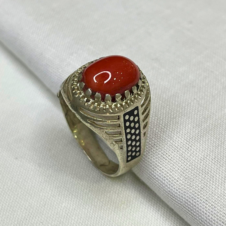 خاتم فضة للرجال مرصع بحجر المرجان الأحمر|Bague en argent sertie de pierre de corail rouge 5