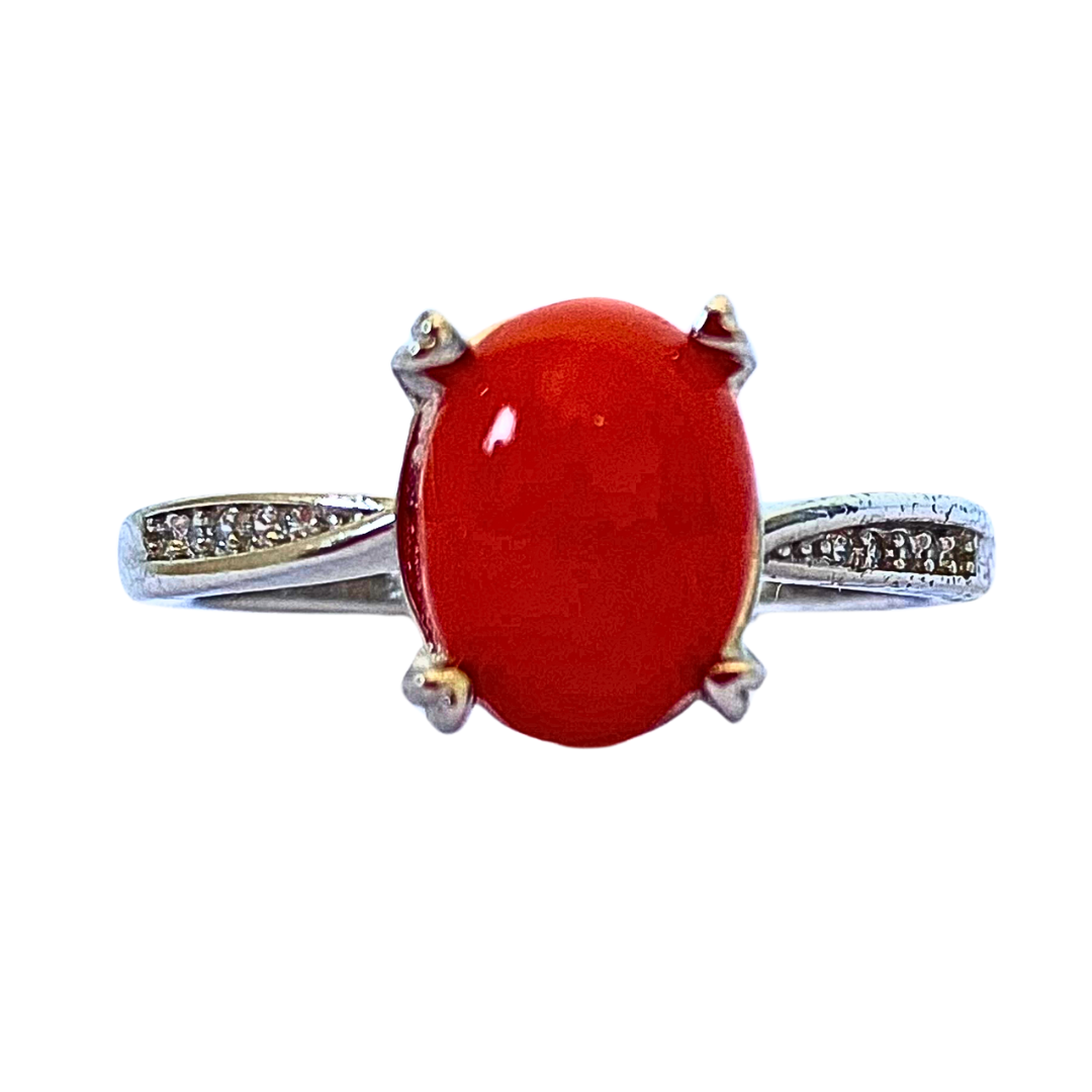 خاتم فضة مرصع بحجر المرجان الأحمر الملكي|Bague en argent sertie de pierre de corail rouge F