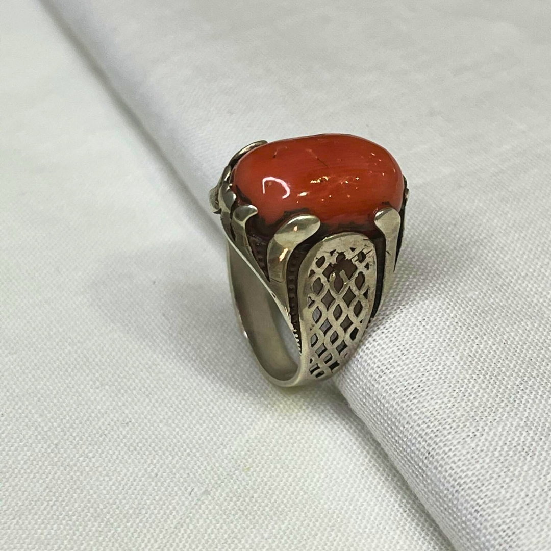 خاتم فضة للرجال مرصع بحجر المرجان الأحمر|Bague en argent sertie de pierre de corail rouge 6