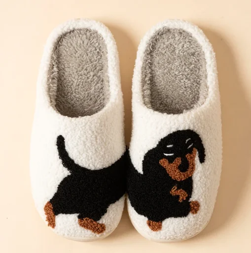 Chaussons pour femmes avec motif chien Teckel mignon et amusant, intérieurs, chauds, légers et confortables, en coton pour l’hiver