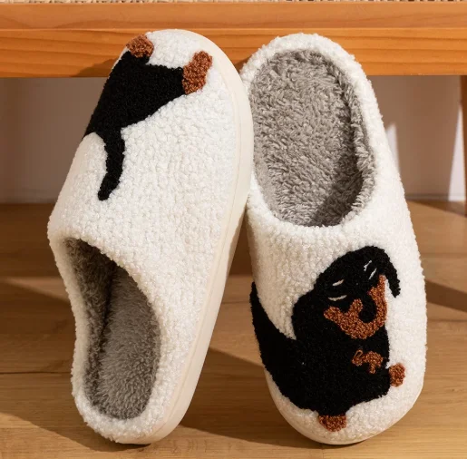 Chaussons pour femmes avec motif chien Teckel mignon et amusant, intérieurs, chauds, légers et confortables, en coton pour l’hiver