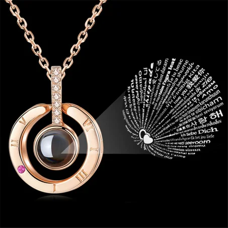 I LOVE YOU In 100 languages Projection Necklace For Memory Of LOVE / Round shape Necklace