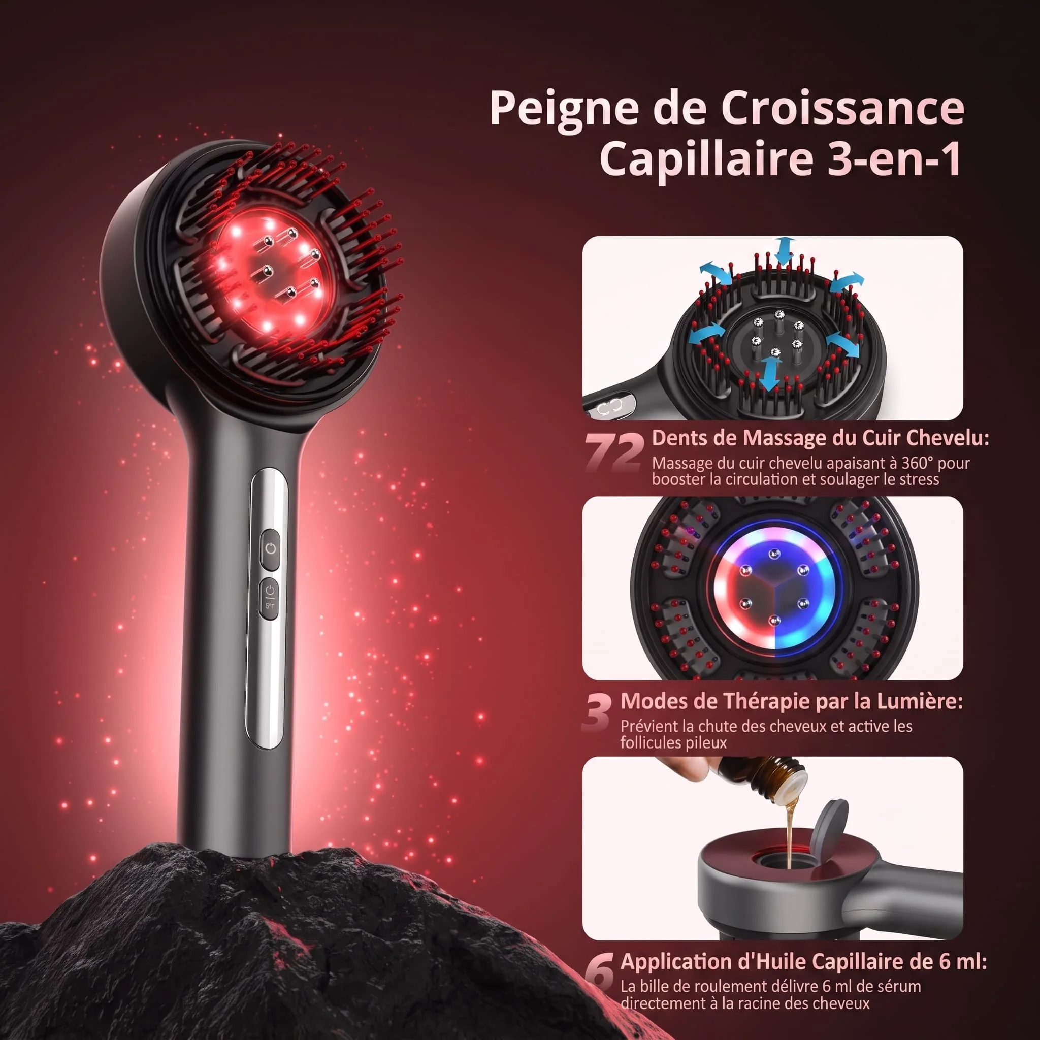 Dermaglow™ - Peigne Massant à Lumière Rouge & Applicateur de Sérum