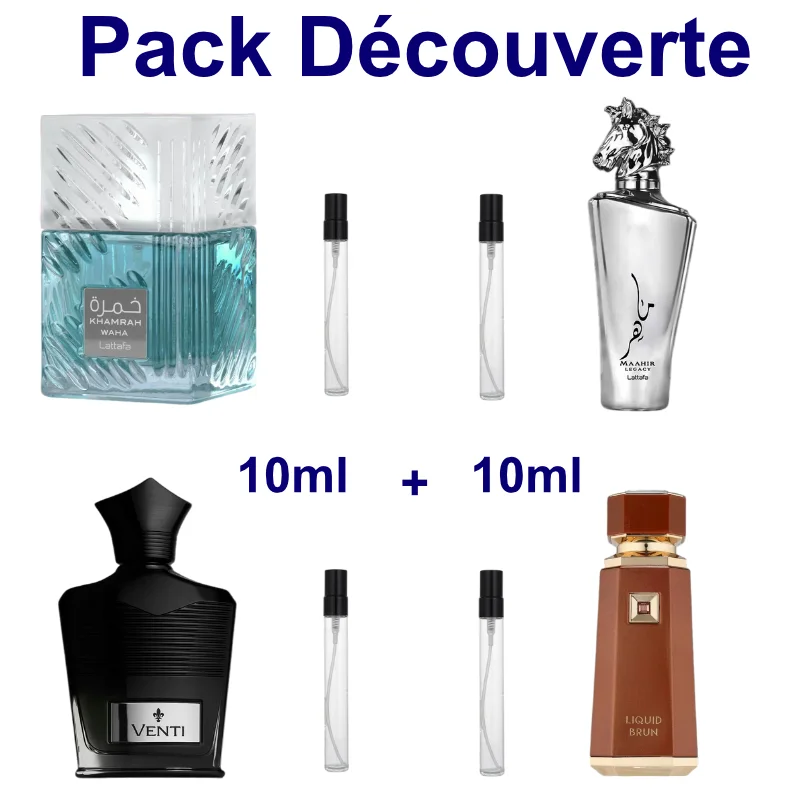Pack Découverte:  Khamrah Waha 10ml + Liquid Brun 10ml + Venti 10ml + Maahir Legacy 10ml