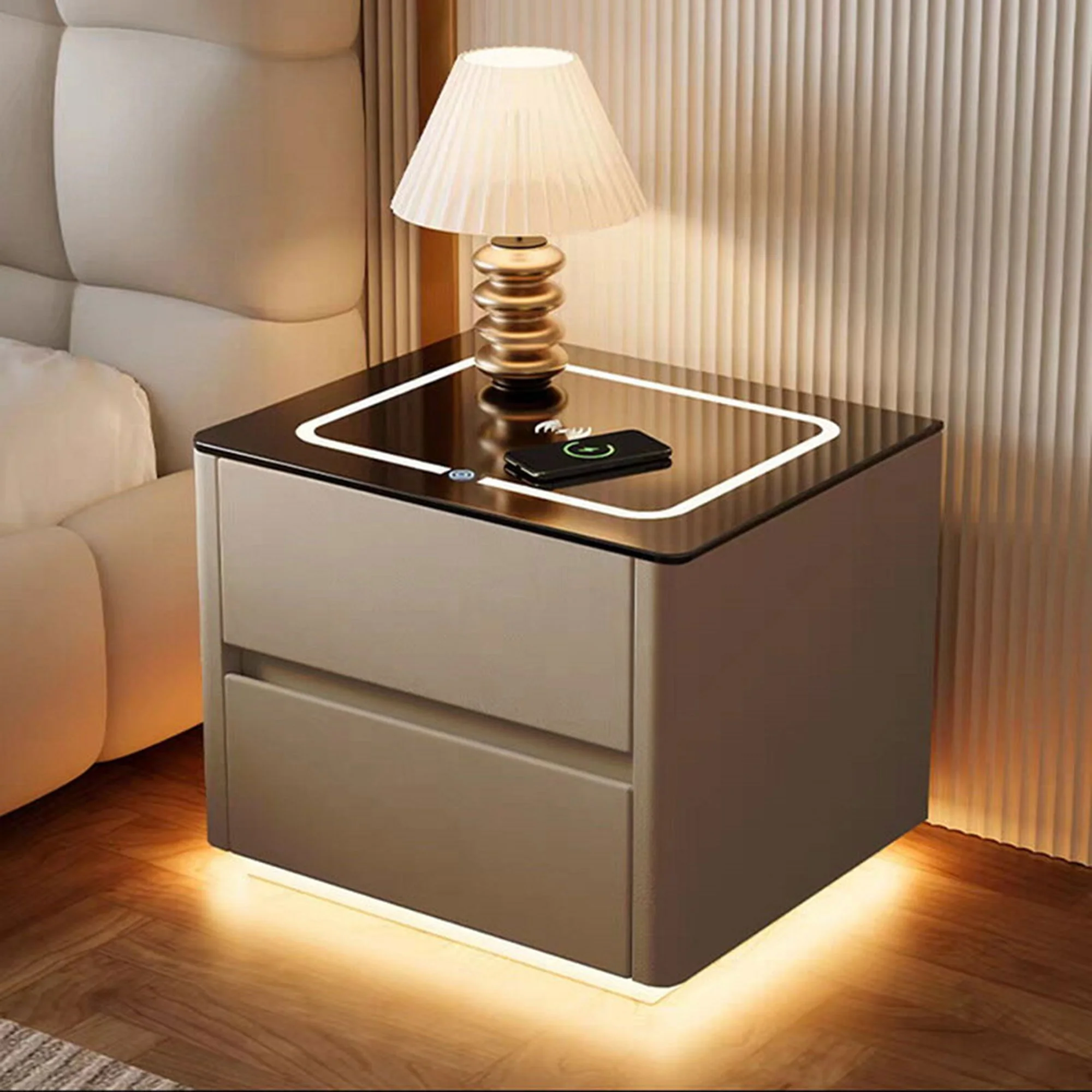 كومود ذكية مودرن بني بإضاءة LED وشاحن لاسلكي وسماعة بلوتوث – موديل RQ-41001