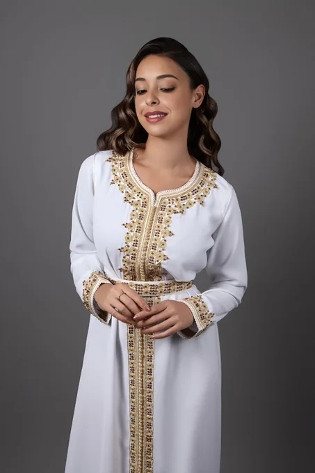 Caftan Blanc Élégant avec Broderies Dorées Raffinées