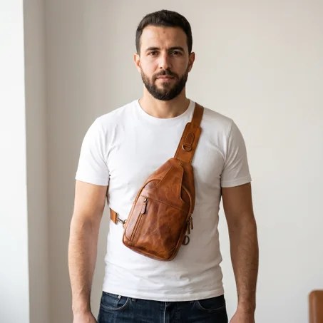 Vintage genuine leather men's crossbody bag, shoulder bag, small backpack