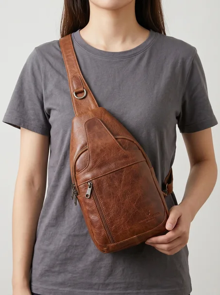 Shiny leather crossbody bag with a classic design.
