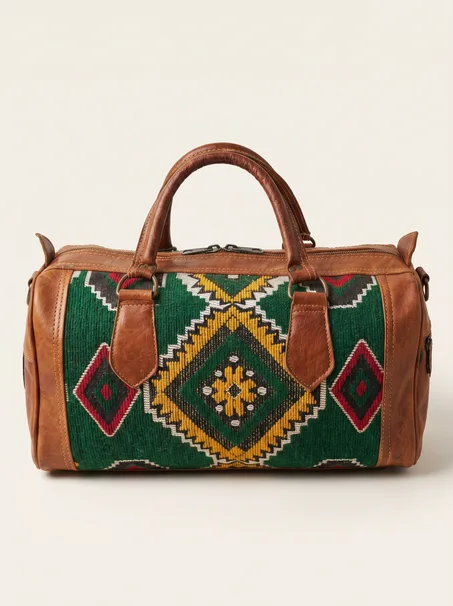 Handmade travel bag made from Moroccan leather and carpet.