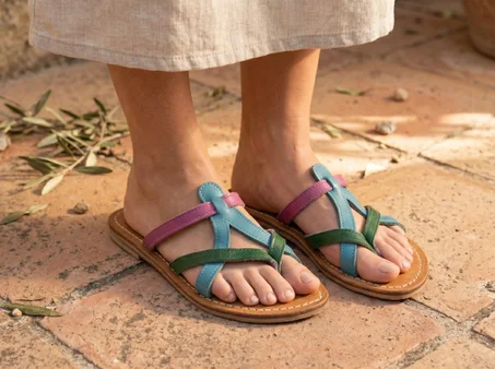 “Bahja” women’s sandal – a blend of colors and handmade comfort.