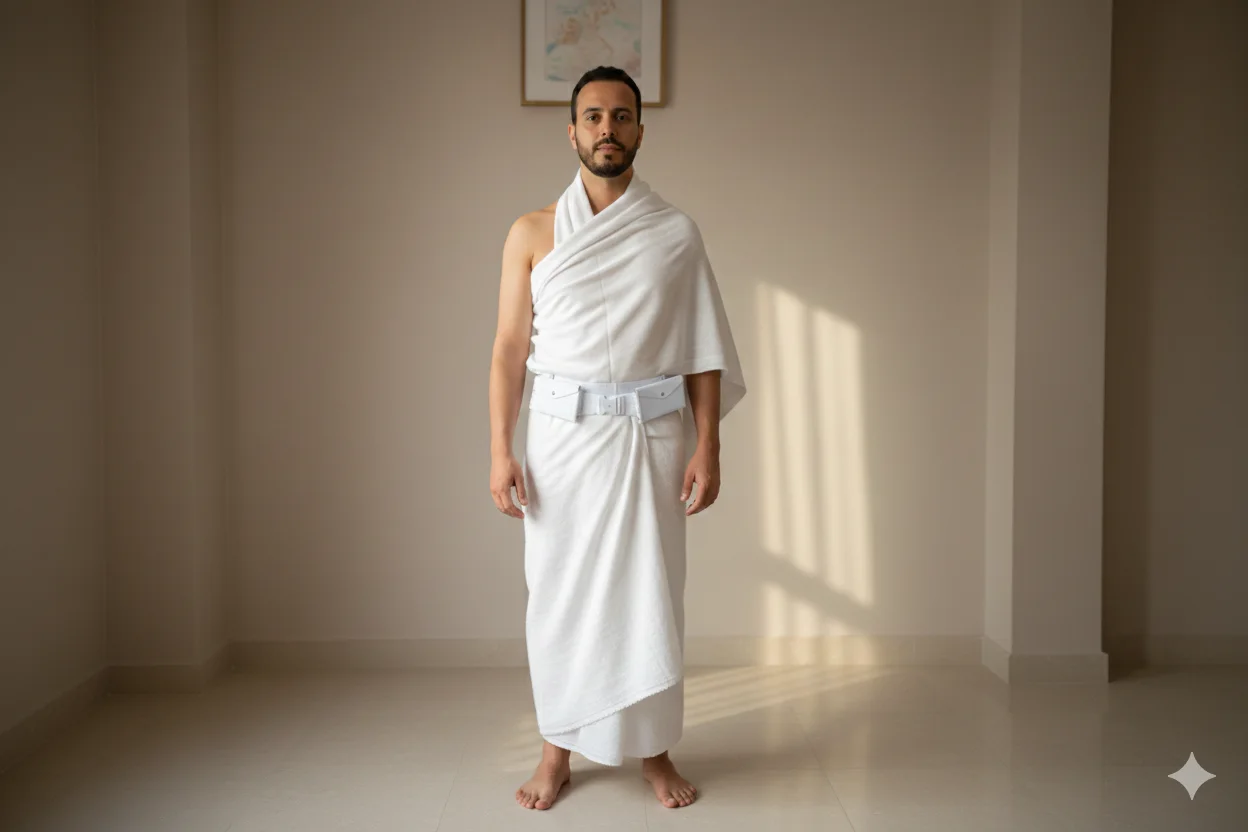 إحرام رجالي قطن 100٪ – راحة وجودة عالية + صمطة الإحرام