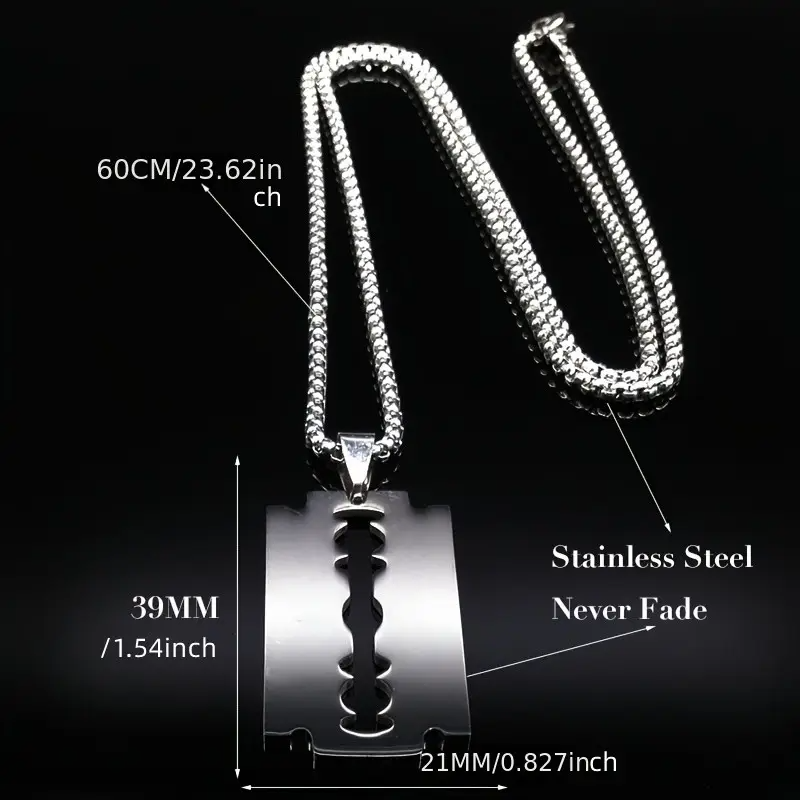 1pc gothique lame rasoir pendentif collier hommes bijoux artificiels couleur noire en acier inoxydable collier hip hop bijoux artificiels couleur acier 60cm 23 6in boite sr 7