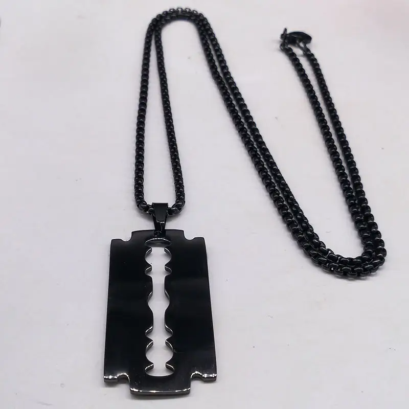 1pc gothique lame rasoir pendentif collier hommes bijoux artificiels couleur noire en acier inoxydable collier hip hop bijoux artificiels noir 60cm 23 6in boite bk 6