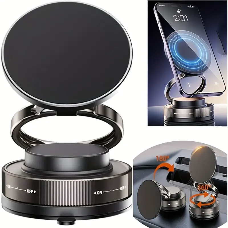 support magnétique pour téléphone de voiture à vide, montage pliable et réglable avec rotation 360° pour utilisation multiprise en voiture/salle de bain/cuisine détails 0