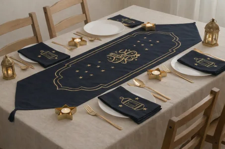 طقم مفارش المائدة الذهبي الفاخر  تمتع بنسمة وأجواء العيد المبارك - مثالي لتزيين مائدتك واستقبال الضيوف