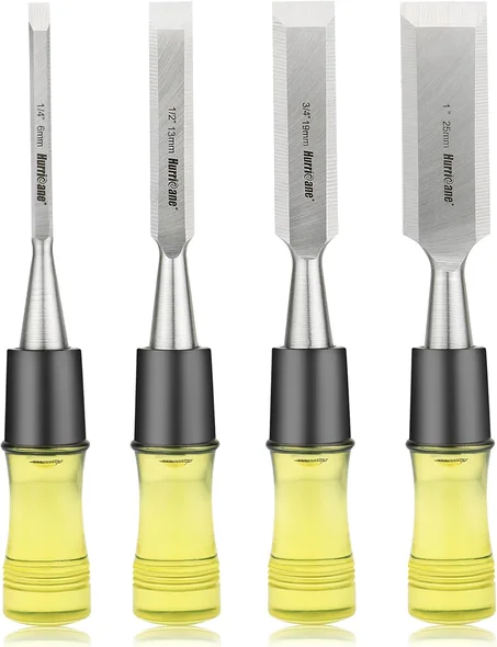 HURRICANE - Juego de 4 cinceles de madera para carpintería. Hojas de acero CR-V con borde biselado y tapas de seguridad. Mango de PVC duradero de alto impacto, para tallado de precisión y pro