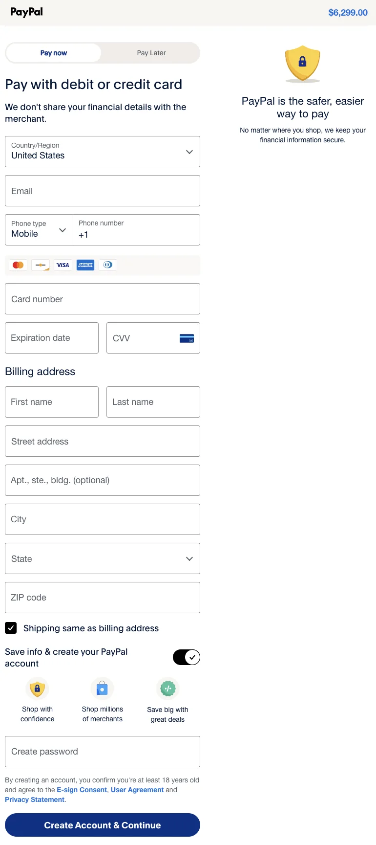 PayPal guest card payment form