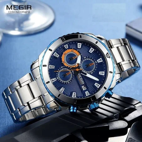 ساعة  MEGIR جميع الأزرار تعمل (كرونوغراف) +مضادة للماء