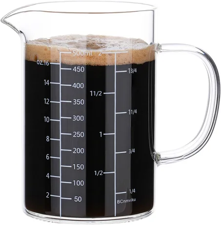 BCnmviku Taza medidora de vidrio de 500ML 2 tazas con asa, vidrio de borosilicato alto tres escalas (OZ, taza, ML/CC para cocina o restaurante fácil de leer