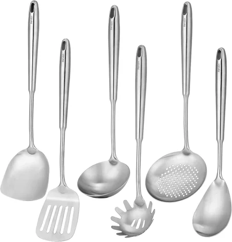 Juego de utensilios de cocina de acero inoxidable 18/10, 6 utensilios de cocina profesionales de metal, herramientas de cocina de 15 pulgadas de largo, espátula, cucharón, cuchara espumadora,