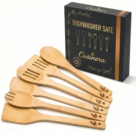 Cucharas de madera de bambú aptas para lavavajillas, 6 piezas, utensilios de cocina de madera, juego de utensilios de cocina de primera calidad, fácil de limpiar, perfecto para utensilios
