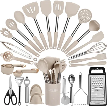 Juego de utensilios de cocina, 35 piezas de utensilios de cocina de silicona con soporte, juego de espátulas de grado alimenticio resistentes al calor de 446 °F, utensilios de cocina sin BPA 