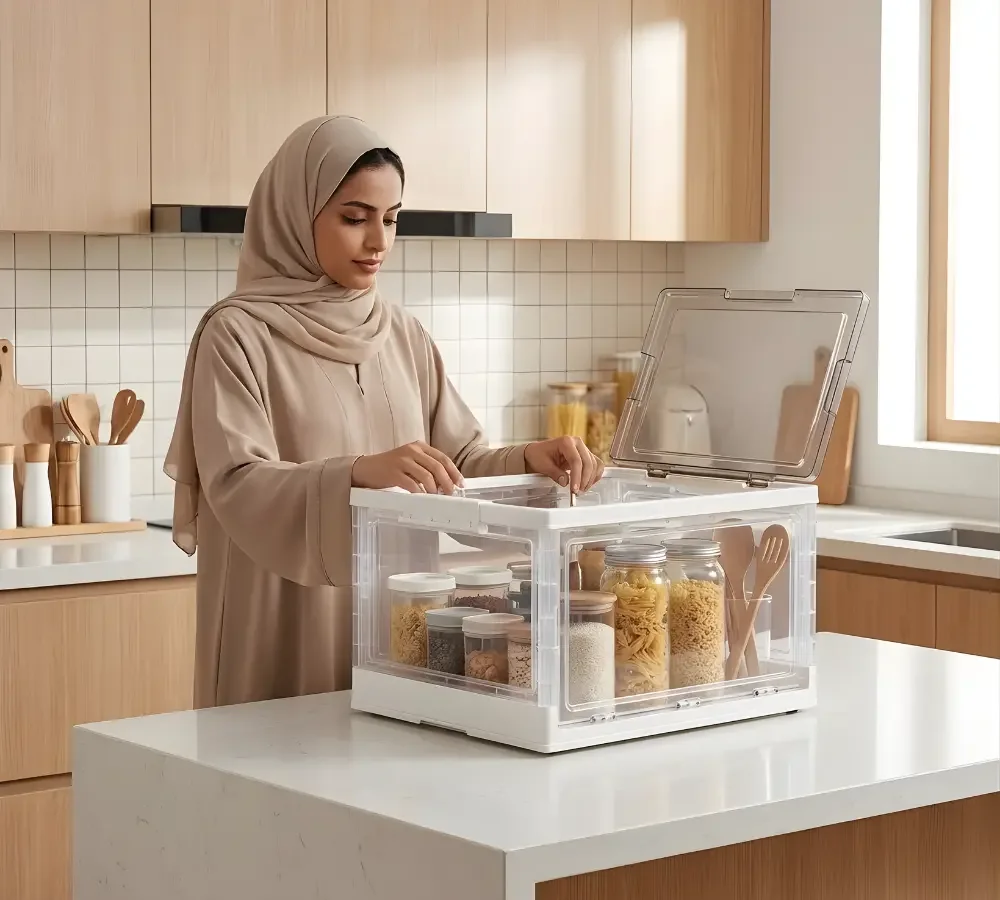 صندوق تخزين شفاف قابل للطي – الحل الذكي لتنظيم المطبخ والمنزل