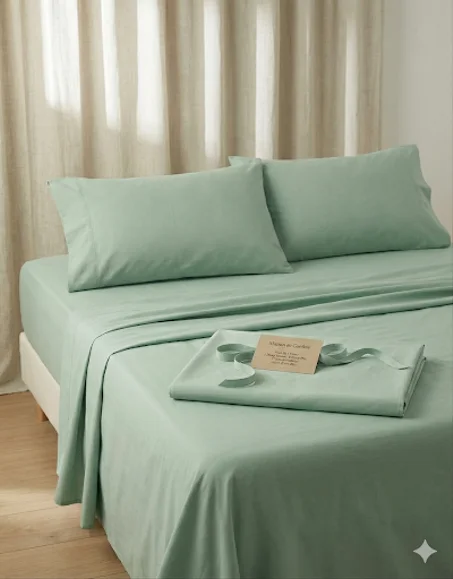 Parure de Draps 4 Pièces en 100% Coton Bio (Design Uni) By Maison de Confort -  Vert-Eau