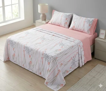 Parure de Draps 4 Pièces en 50% Coton  50% polyster Bio  By Maison de Confort -  Valentini Saumon