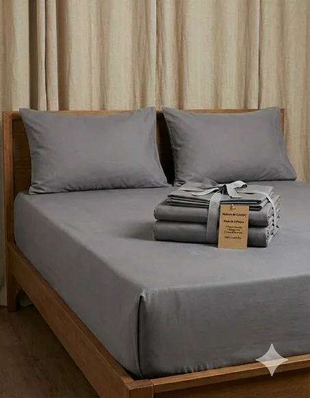 Parure de Draps 4 Pièces en 100% Coton Bio (Design Uni) By Maison de Confort -  GRIS Moyen